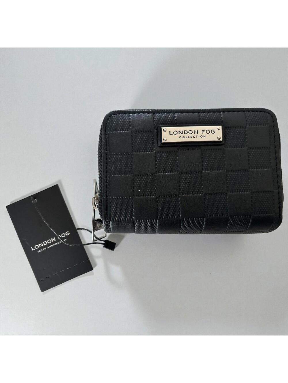 London Fog Dahlia Black Checkered Double Zip Around Wallet Faux Leather Compact